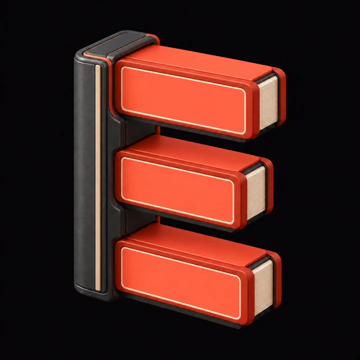Entertainment Ledger’s dimensional coral E, formed from an archival spine and stacked screen frames